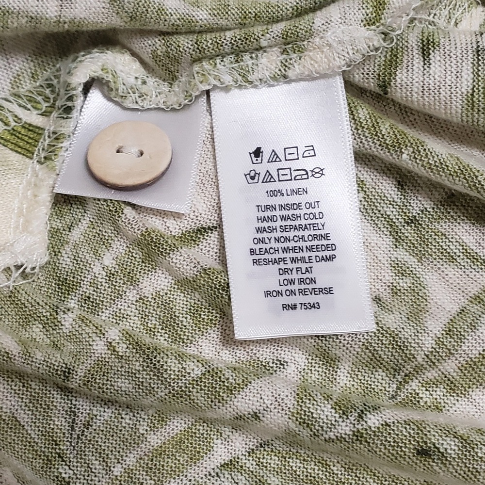 Nicole Miller 100% Linen Palm Leaf Print Cap Sleeve Button Detail Top Green M - Picture 6 of 10